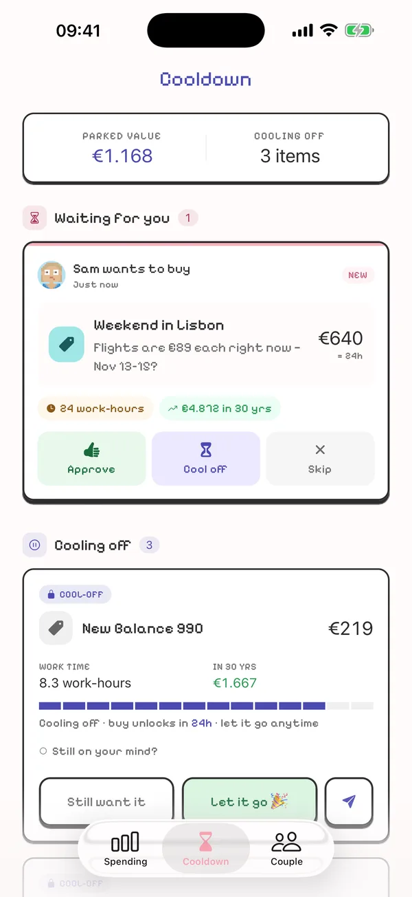 Budgie Cooldown tab: Sam wants to buy a €640 weekend in Lisbon, with Approve, Cool off and Skip buttons