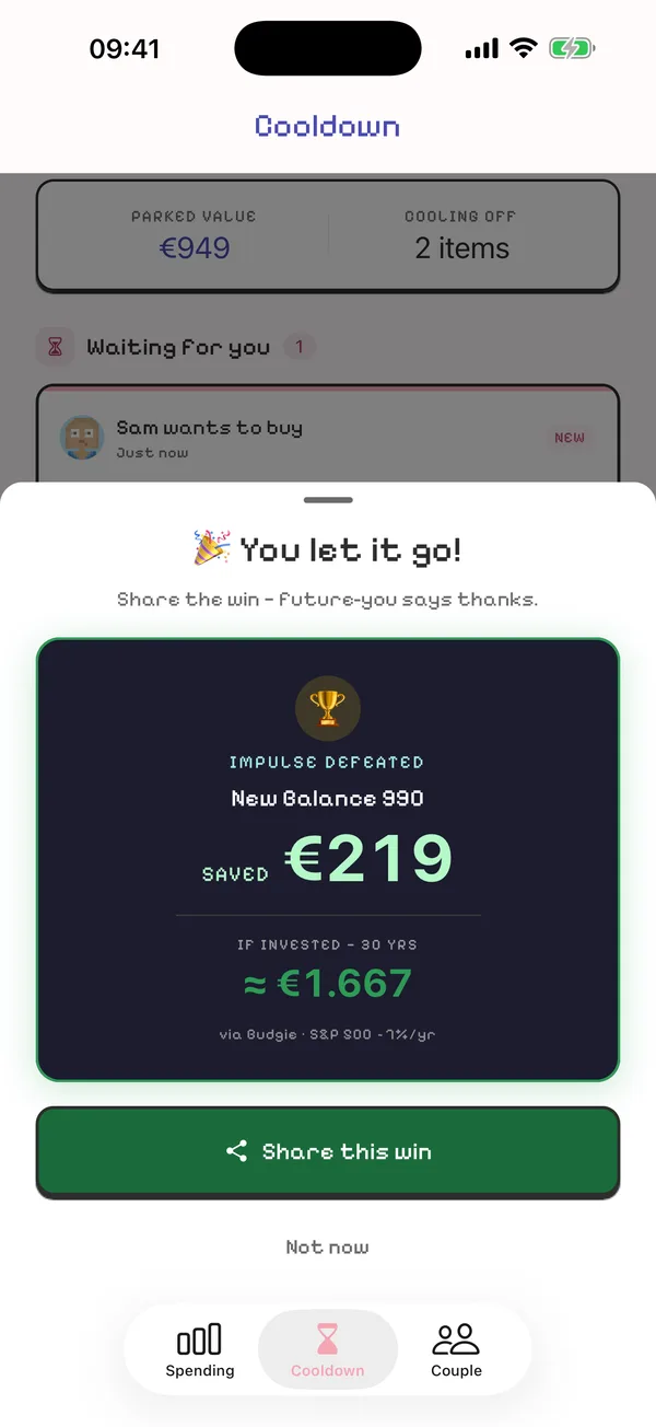 Budgie win card: impulse defeated, €219 saved on New Balance 990, about €1,667 in 30 years
